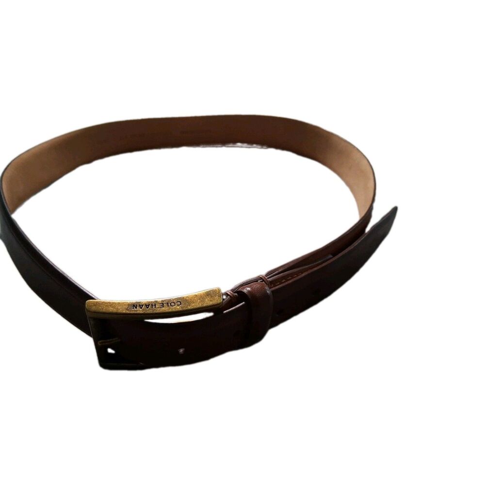 Cole Haan Men’s Leather Belt CHRM31270 Brown Solid Brass Buckle Regular Fit Size